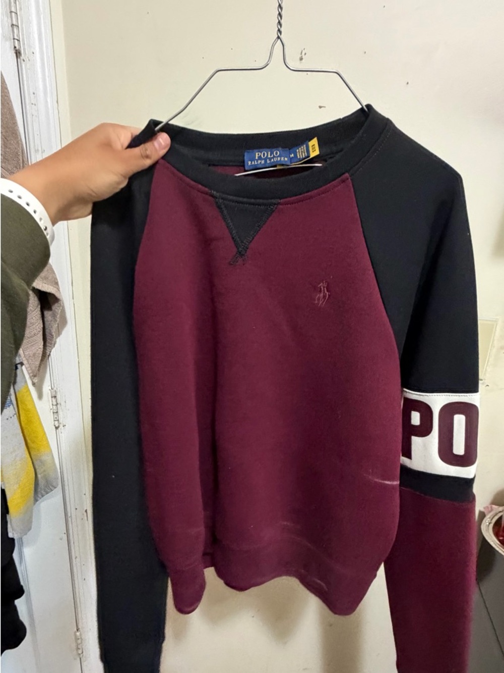 Polo by Ralph Lauren Burgundy, Black & Cream Colorblock Crewneck Sweatshirt
